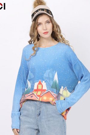Ladies Snow House Printed Sweater Fashion Women Ca
