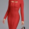 Long Sleeve Women Red Bodycon Elegant Cut Out Even