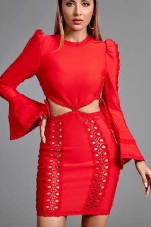 Long Sleeve Women's Red Bodycon Dress Elegant Even