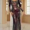 Long Sleeves Hollow Out Women Bodycon Sequins Dres