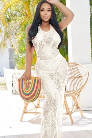 Long White Crochet Tunic Straped Hollow Out Fringe