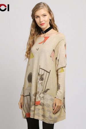 Long Women Sweater Casual Coat Batwing Sleeve Cat