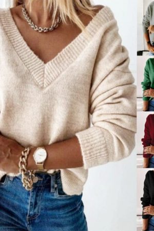 Lugentolo V Neck Sweater Women Cashmere Loose Knit