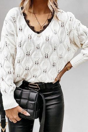 Lugentolo V Neck Sweater Women Fall Fashion White