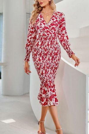 Luxury Floral Flounced Draped Bodycon Dress Woman