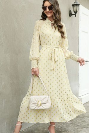 Luxury Polka Dot Hot Gold Flared Hem Maxi Dress Wo