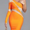 Mesh Insert Long Sleeve Women Orange Bodycon Dress