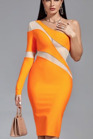 Mesh Insert Long Sleeve Women Orange Bodycon Dress