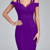 Midi Women Purple Bodycon Dress Evening Party Eleg