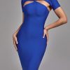 Midi Women's Blue Bodycon Dress Elegant Cut Out Ev