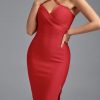 Midi Women's Red Bodycon Dress Elegant Cut Out Eve