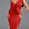Midi Women's Red Bodycon Dress Elegant Ruffle Even