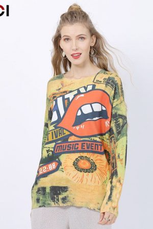 Mouth Print Loose Pullovers Sweater For Women Win
