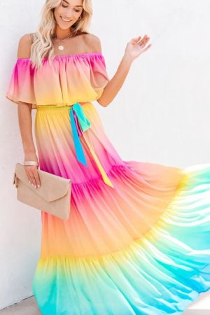 Multicolored Bohemian Ruffled Off Shoulder Self Be