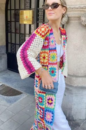 National Style Handmade Crochet Checkered Cardigan