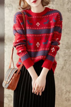 O-Neck Fashion Christmas Sweaters Women Long Sleev