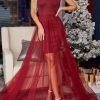 Off Shoulder Christmas Party Solid Red Long Dresse