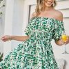 Off Shoulder Print Green Mini Dress Summer Women O