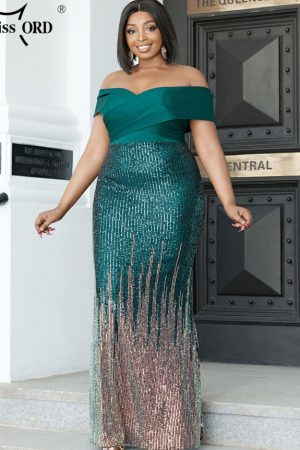 Off Shoulder Sequin Pllus Size Women Formal Dress