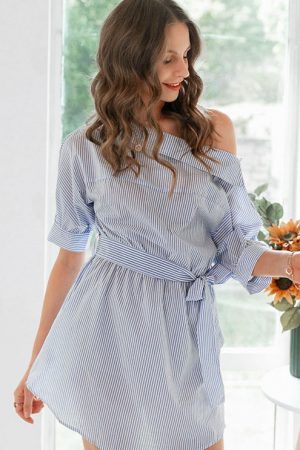 Off Shoulder Women Dress Striped Belt Short Sleeve