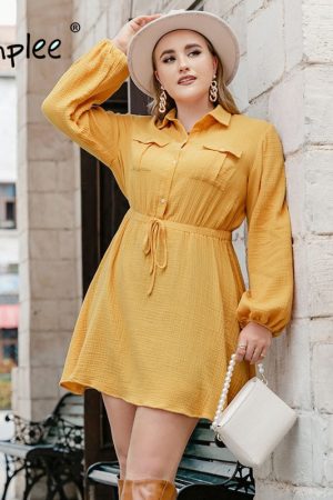 Office Cotton Lace Up Pocket Plus Size Dress Women