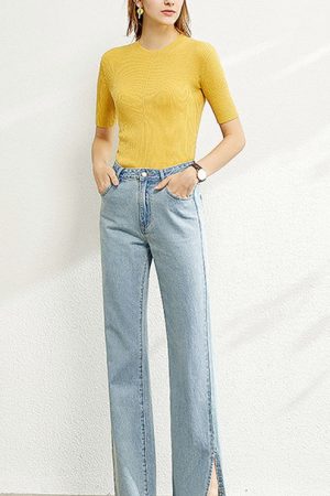 Office Lady Jeans Autumn Slit 100% Cotton Wide Leg