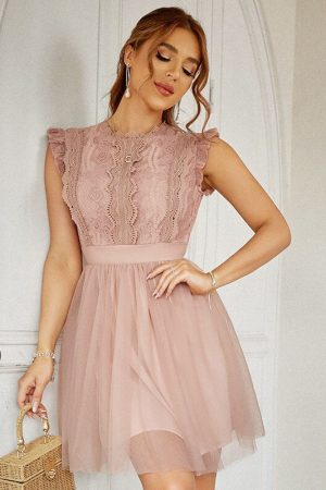 Office Sleeveless Lace Tulle Summer Dress Women Pa