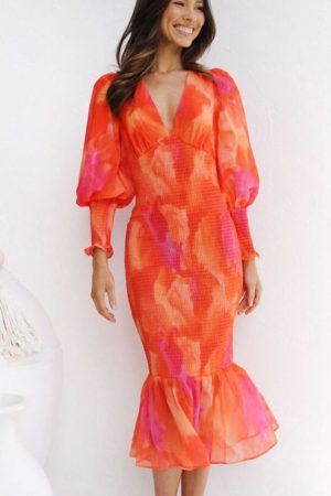 Ol Elastic Waist Long Lantern Sleeve Dress V-Neck