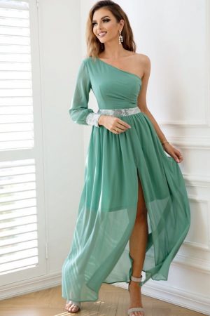 One Shoulder Contrast Sequin Slit Thigh Dress