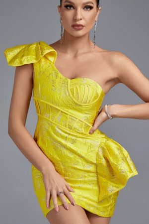 One Shoulder Party Dress Women Yellow Bodycon Dres
