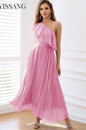One Shoulder Pleated Dress Solid Maxi Long Dress W