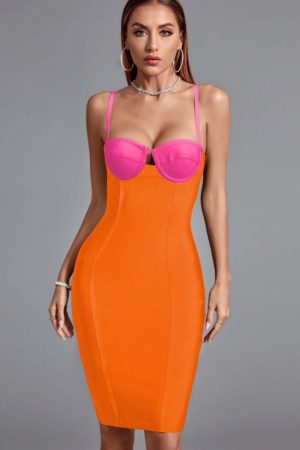 Orange Women Bodycon Elegant Color Block Evening P