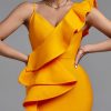Orange Women's Bodycon Dress Elegant Ruffle Evenin