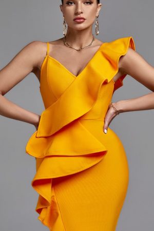 Orange Women's Bodycon Dress Elegant Ruffle Evenin