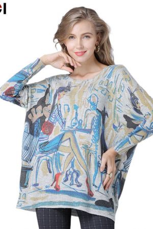 Oversize Fashion Women Sweaters Casual Print Regul