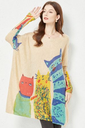 Oversized Winter Cat Print Sweater Women Pullovers