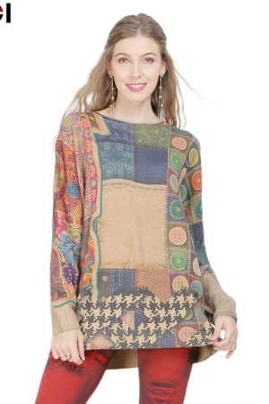 Oversized Women Sweater Top Classic Patchwork Prin