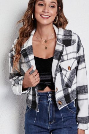 Plaid Flap Pocket Drop Shoulder Crop Jacket Women