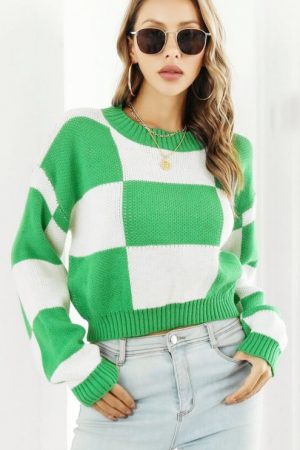 Plaid Jacquard Drop-Shoulder Sleeves Knitted Sweat