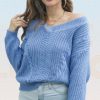 Plain Cable Knit Drop Shoulder Sweater Women V-Nec