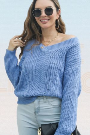 Plain Cable Knit Drop Shoulder Sweater Women V-Nec