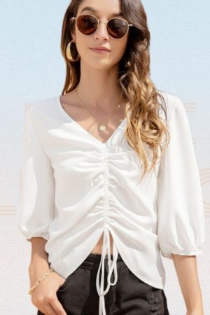 Plain Lantern Sleeve Drawstring Ruched Front Chiff