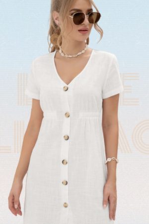 Plain Short Sleeve V-Neck Single Breasted Mini Dre