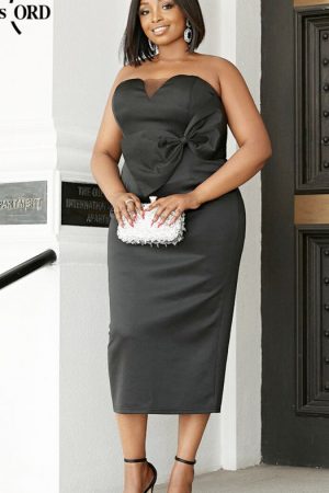 Plus Size Big Bow Contrast Mesh Tube Midi Dress Wo