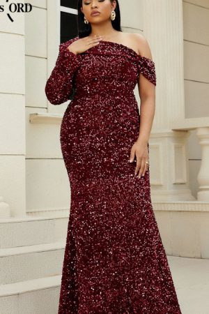 Plus Size One Shoulder Sequin Dress Fashion Elegan