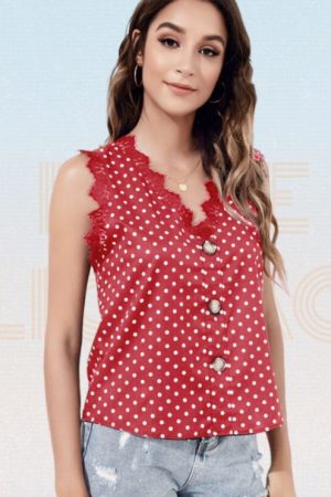 Polka Dot Print V-Neck Lace Trim Front Button Casu