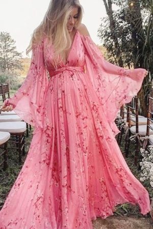 Print Deep V-Neck Butterfly Sleeve Maxi Dress High