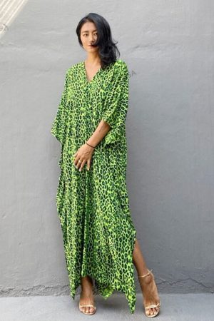 Print Deep V-Neck Dress Batwing Sleeve Long Dresse