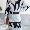Print Knit D Women Sweater Dress Warm Turtleneck L