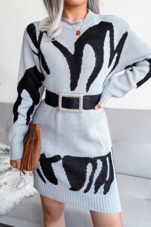Print Knit D Women Sweater Dress Warm Turtleneck L